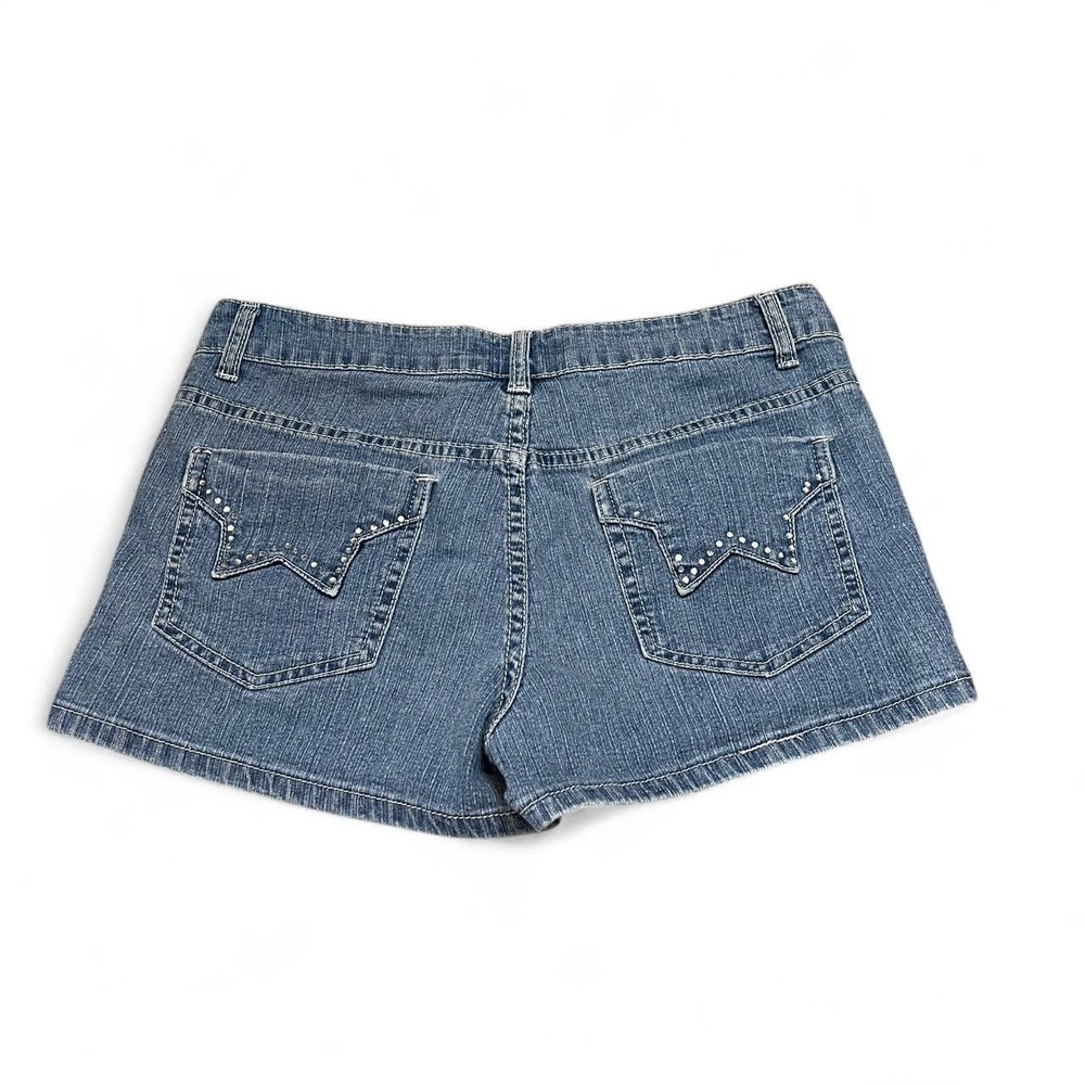y2k style blue denim shorts with rhinestone star pocket details
